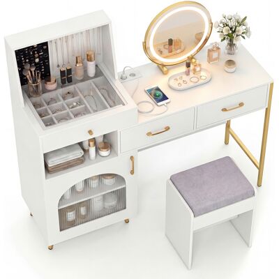 CostwayCoiffeuse avec Miroir et Éclairage Réglable Table de Maquillage avec Plateau en Verre 3 Tiroirs 120 Fentes pour Bagues Blanc - Publicité CostwayCoiffeuse avec Miroir et Éclairage Réglable Table de Maquillage avec Plateau en Verre 3 Tiroirs 120 Fentes pour Bagues Blanc - Publicité