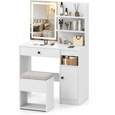 CostwayCoiffeuse avec Miroir et Lumières Table de Maquillage avec Tabouret de Rangement Coussiné Prises Électriques avec 3 Modes D'éclairage Blanc - Publicité CostwayCoiffeuse avec Miroir et Lumières Table de Maquillage avec Tabouret de Rangement Coussiné Prises Électriques avec 3 Modes D'éclairage Blanc - Publicité