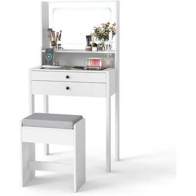 CostwayCoiffeuse avec Miroir & Lumières Petite Table de Maquillage avec Prises Électriques 3 Modes d'Éclairage & Tabouret Rembourré Blanc - Publicité CostwayCoiffeuse avec Miroir & Lumières Petite Table de Maquillage avec Prises Électriques 3 Modes d'Éclairage & Tabouret Rembourré Blanc - Publicité