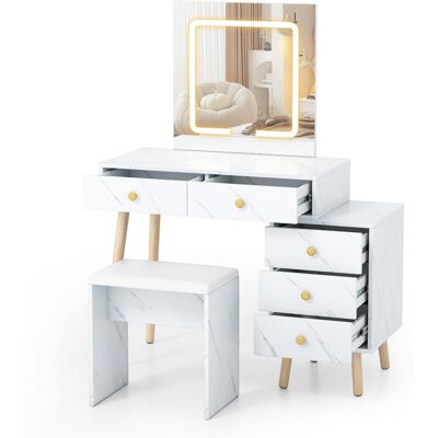 CostwayCoiffeuse avec Miroir et Lumières 3 Modes d'Éclairage Luminosité Réglable 5 Tiroirs Tabouret Rembourré Doux Table de Maquillage Blanc - Publicité CostwayCoiffeuse avec Miroir et Lumières 3 Modes d'Éclairage Luminosité Réglable 5 Tiroirs Tabouret Rembourré Doux Table de Maquillage Blanc - Publicité