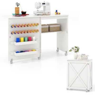 CostwayTable de Couture Pliante Etagère 2 Bacs et 18 Crochets Armoire de Couture à Porte de Grange 5 Roues Verrouillables Blanc - Publicité CostwayTable de Couture Pliante Etagère 2 Bacs et 18 Crochets Armoire de Couture à Porte de Grange 5 Roues Verrouillables Blanc - Publicité
