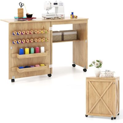 CostwayTable de Couture Pliante Etagère 2 Bacs et 18 Crochets Armoire de Couture à Porte de Grange 5 Roues Verrouillables Naturel - Publicité CostwayTable de Couture Pliante Etagère 2 Bacs et 18 Crochets Armoire de Couture à Porte de Grange 5 Roues Verrouillables Naturel - Publicité