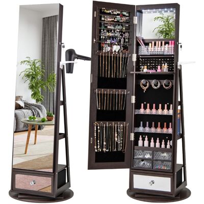 CostwayArmoire à Bijoux Pivotante à 360°Miroir Pleine Longueur Lumières LED Etagère 3 Niveaux Porte Verrouillable Café - Publicité CostwayArmoire à Bijoux Pivotante à 360°Miroir Pleine Longueur Lumières LED Etagère 3 Niveaux Porte Verrouillable Café - Publicité