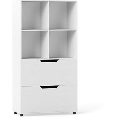 CostwayÉtagère à Livres avec 4 Compartiments Ouverts 2 Grands Tiroirs Anti-basculement Meuble de Rangement en Bois 70 x 33,5 x 130 cm Blanc - Publicité CostwayÉtagère à Livres avec 4 Compartiments Ouverts 2 Grands Tiroirs Anti-basculement Meuble de Rangement en Bois 70 x 33,5 x 130 cm Blanc - Publicité