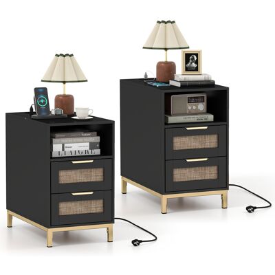 CostwayEnsemble de 2 Tables d'Appoint avec Station de Charge et 2 Tiroirs Table de Chevet en Rotin et Bois Noir - Publicité CostwayEnsemble de 2 Tables d'Appoint avec Station de Charge et 2 Tiroirs Table de Chevet en Rotin et Bois Noir - Publicité