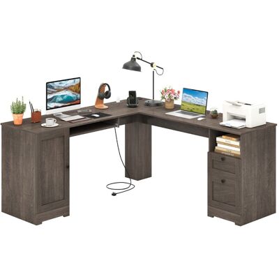 CostwayBureau d'Ordinateur en Forme de L de 168 cm avec Prises de Courant Bureau Moderne avec 2 Tiroirs de Rangement Gris - Publicité CostwayBureau d'Ordinateur en Forme de L de 168 cm avec Prises de Courant Bureau Moderne avec 2 Tiroirs de Rangement Gris - Publicité