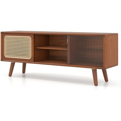 CostwayMeuble TV en Bambou avec 4 Compartiments pour TV 55" au Max Banc TV à 4 Pieds 2 Portes Coulissantes en Rotin et Verre Trempé Brun - Publicité CostwayMeuble TV en Bambou avec 4 Compartiments pour TV 55" au Max Banc TV à 4 Pieds 2 Portes Coulissantes en Rotin et Verre Trempé Brun - Publicité