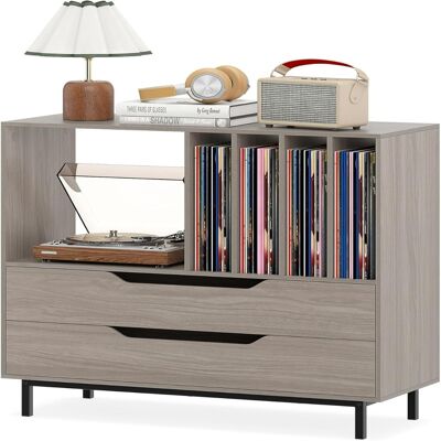 CostwayMeuble pour Platine Vinyle Support pour Tourne-Disques avec Compartiment Ouvert 4 Étagères pour Vinyles & 2 Tiroirs Support Rétro Gris - Publicité CostwayMeuble pour Platine Vinyle Support pour Tourne-Disques avec Compartiment Ouvert 4 Étagères pour Vinyles & 2 Tiroirs Support Rétro Gris - Publicité
