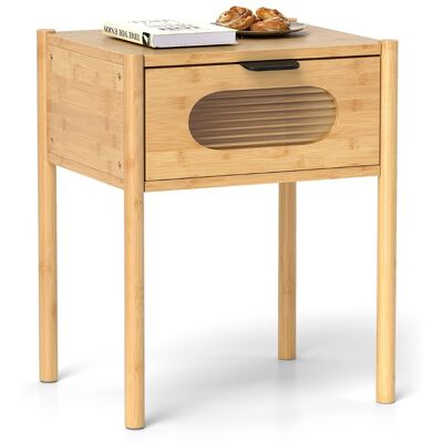 CostwayTable de Chevet en Bambou de Style Ferme avec Tiroir Décoré en Verre Trempé Table d Appoint Carrée de Style Milieu du Siècle Naturel - Publicité CostwayTable de Chevet en Bambou de Style Ferme avec Tiroir Décoré en Verre Trempé Table d Appoint Carrée de Style Milieu du Siècle Naturel - Publicité