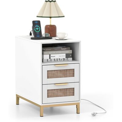 CostwayTable de Chevet en Rotin avec Station de Charge Table d'Appoint Bohème avec Étagère de Rangement Ouverte 4 Tiroirs et Pieds en Métal Blanc - Publicité CostwayTable de Chevet en Rotin avec Station de Charge Table d'Appoint Bohème avec Étagère de Rangement Ouverte 4 Tiroirs et Pieds en Métal Blanc - Publicité