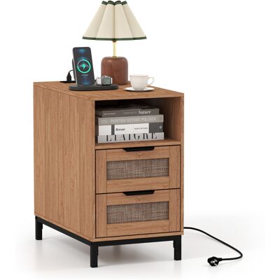 CostwayTable de Chevet en Rotin avec Station de Charge Table d'Appoint Bohème avec Étagère de Rangement Ouverte 3 Tiroirs et Pieds en Métal Naturel - Publicité CostwayTable de Chevet en Rotin avec Station de Charge Table d'Appoint Bohème avec Étagère de Rangement Ouverte 3 Tiroirs et Pieds en Métal Naturel - Publicité