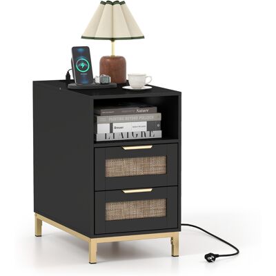 CostwayTable de Chevet en Rotin avec Station de Charge Table d'Appoint Bohème avec Étagère de Rangement Ouverte 2 Tiroirs et Pieds en Métal Noir - Publicité CostwayTable de Chevet en Rotin avec Station de Charge Table d'Appoint Bohème avec Étagère de Rangement Ouverte 2 Tiroirs et Pieds en Métal Noir - Publicité