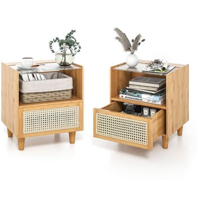 CostwayLot de 2 Tables de Chevet en Rotin de Bambou Tables de Chevet Bohème Tiroir et Pieds en Bois Massif Table D'appoint Espace de Rangement Caché Naturel - Publicité CostwayLot de 2 Tables de Chevet en Rotin de Bambou Tables de Chevet Bohème Tiroir et Pieds en Bois Massif Table D'appoint Espace de Rangement Caché Naturel - Publicité