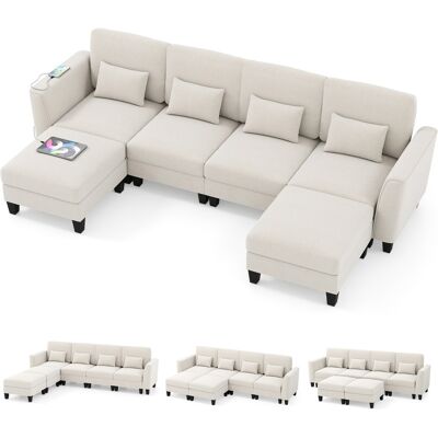 CostwayCanapé Sectionnel 280 CM avec 2 Ottomans Canapé Modulable en Forme de U Comfy Cloud avec Ports de Chargement USB & Type-C Blanc - Publicité CostwayCanapé Sectionnel 280 CM avec 2 Ottomans Canapé Modulable en Forme de U Comfy Cloud avec Ports de Chargement USB & Type-C Blanc - Publicité