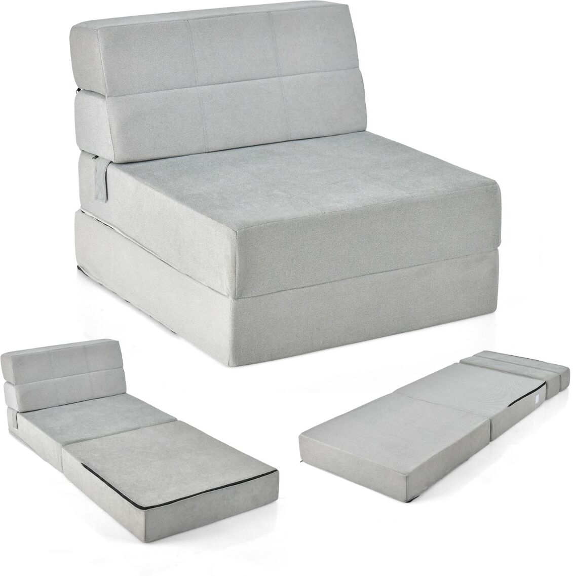 CostwayMatelas Lit Fauteuil Pliable Futon Convertible en Mousse Haute Densité de 15 cm Chauffeuse avec Housse Amovible et Lavable Gris