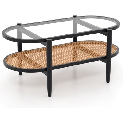 CostwayTable Basse Ovale 2 Niveaux Table de Salon avec Cadre en Bois Cintré Plateau en Verre Trempé et Étagère de Rangement en Rotin PE Noir - Publicité CostwayTable Basse Ovale 2 Niveaux Table de Salon avec Cadre en Bois Cintré Plateau en Verre Trempé et Étagère de Rangement en Rotin PE Noir - Publicité