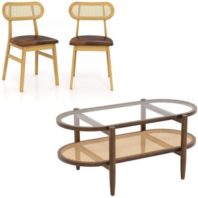 CostwayTable Basse Ovale en Verre Trempé avec Cadre en Bois d'Acacia + Lot de 2 Chaises Rembourrées en Bois Avec Siège Rembourré Café - Publicité CostwayTable Basse Ovale en Verre Trempé avec Cadre en Bois d'Acacia + Lot de 2 Chaises Rembourrées en Bois Avec Siège Rembourré Café - Publicité