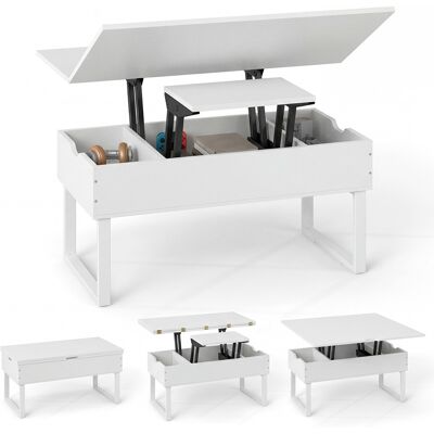 CostwayTable Basse à Plateau Relevable Table 3-en-1 Convertible avec 4 Compartiments de Rangement Cachés Table Moderne Centrale en Bois Blanc - Publicité CostwayTable Basse à Plateau Relevable Table 3-en-1 Convertible avec 4 Compartiments de Rangement Cachés Table Moderne Centrale en Bois Blanc - Publicité