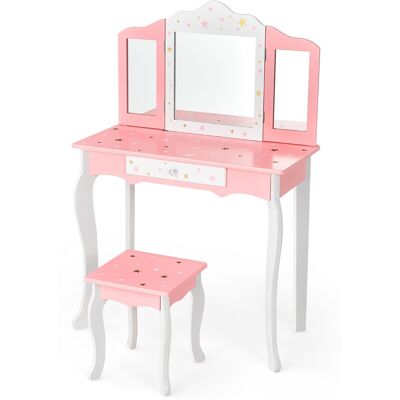 CostwayEnsemble Coiffeuse et Tabouret pour Enfants Miroir à 3 Volets Amovible, Table de Maquillage avec Tiroir Rose - Publicité CostwayEnsemble Coiffeuse et Tabouret pour Enfants Miroir à 3 Volets Amovible, Table de Maquillage avec Tiroir Rose - Publicité