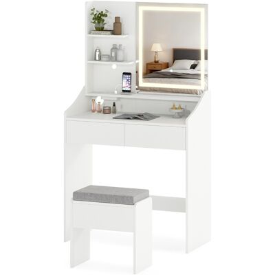 CostwayEnsemble Coiffeuse avec Miroir et Éclairage Table de Maquillage avec Tabouret de Rangement Station de Recharge Intégrée 3 Couleurs Blanc - Publicité CostwayEnsemble Coiffeuse avec Miroir et Éclairage Table de Maquillage avec Tabouret de Rangement Station de Recharge Intégrée 3 Couleurs Blanc - Publicité