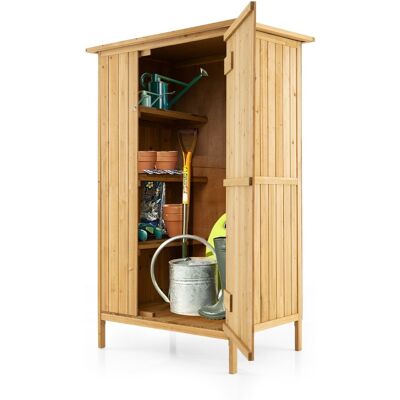 CostwayArmoire de Rangement Extérieure Abri de Jardin en Bois de Sapin avec Toit en Asphalte 3 Étagères Porte Verrouillable 5 Crochets Naturel - Publicité CostwayArmoire de Rangement Extérieure Abri de Jardin en Bois de Sapin avec Toit en Asphalte 3 Étagères Porte Verrouillable 5 Crochets Naturel - Publicité