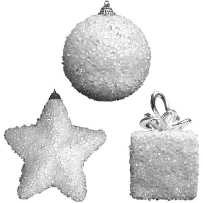 Theme Machine Ensemble De 3 Décorations De Noël Blanches En Perles Étoile, Boule Et Cadeau - Publicité Theme Machine Ensemble De 3 Décorations De Noël Blanches En Perles Étoile, Boule Et Cadeau - Publicité