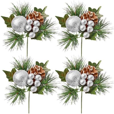 Theme Machine Tige Artificielle De Noël Avec Des Baies En Paillettes Et Un Pigne - 4x Argent - Publicité Theme Machine Tige Artificielle De Noël Avec Des Baies En Paillettes Et Un Pigne - 4x Argent - Publicité