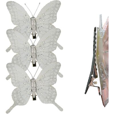 Theme Machine Lot De 3 Papillons En Plume À Pince Avec Paillettes Décoration Sapin - Argent - Publicité Theme Machine Lot De 3 Papillons En Plume À Pince Avec Paillettes Décoration Sapin - Argent - Publicité