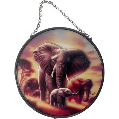 Thorness Suncatcher En Vitrail De La Famille Des Éléphants, 15 Cm De Diamètre - Publicité Thorness Suncatcher En Vitrail De La Famille Des Éléphants, 15 Cm De Diamètre - Publicité
