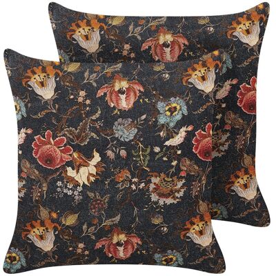 Ensemble de 2 coussins décoratifs - Velours multicolore motif floral - Publicité Ensemble de 2 coussins décoratifs - Velours multicolore motif floral - Publicité