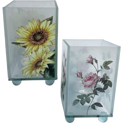 Thorness Set Of 2 Glass Votive Candle Holders, Floral Designs,Sunflower And Rose - Publicité Thorness Set Of 2 Glass Votive Candle Holders, Floral Designs,Sunflower And Rose - Publicité