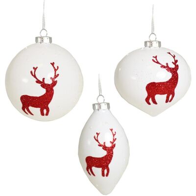 Premier Lot De 3 Luxe 80-110mm Verre Sapin De Noël Boules - Blanc Avec Rouge Renne - Publicité Premier Lot De 3 Luxe 80-110mm Verre Sapin De Noël Boules - Blanc Avec Rouge Renne - Publicité