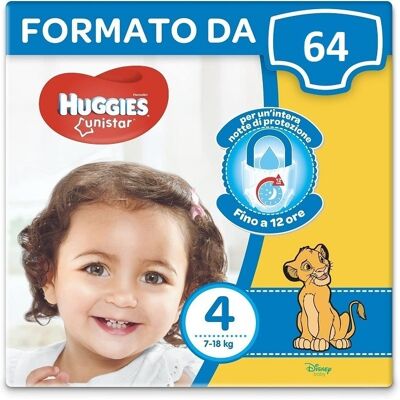 Huggies Unistar Couches Taille 4 (7-18 Kg) Pack Rechange 64 Couches (4x16) - Publicité Huggies Unistar Couches Taille 4 (7-18 Kg) Pack Rechange 64 Couches (4x16) - Publicité
