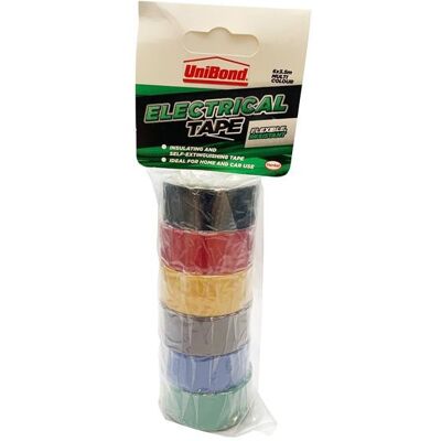 Ruban électrique Unibond - Pack de 6 couleurs - 19mm x 3,5m - Publicité Ruban électrique Unibond - Pack de 6 couleurs - 19mm x 3,5m - Publicité