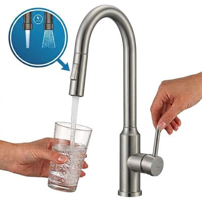 Kuchinox Robinet De Lavabo Sur Pied Amor En Acier Brossé Avec Bec Extractible Et 2 Jets - Publicité Kuchinox Robinet De Lavabo Sur Pied Amor En Acier Brossé Avec Bec Extractible Et 2 Jets - Publicité