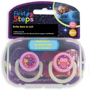 First Steps Set De Deux Sucettes De Nuit Sans Bpa Orthodontique,Étui Voyage Et Stérilisation - Publicité First Steps Set De Deux Sucettes De Nuit Sans Bpa Orthodontique,Étui Voyage Et Stérilisation - Publicité