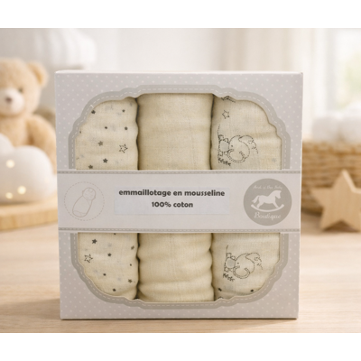 Rock A Bye Coffret De 3 Langes Mousseline Motif Souris Étoiles Écru Et Étoiles 96 Cm - Publicité Rock A Bye Coffret De 3 Langes Mousseline Motif Souris Étoiles Écru Et Étoiles 96 Cm - Publicité