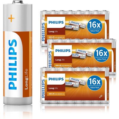 Philips Piles Aaa Longlife 48 Pièces (3 Blisters De 16) - Pack Avantage Lr3 - Al - Publicité Philips Piles Aaa Longlife 48 Pièces (3 Blisters De 16) - Pack Avantage Lr3 - Al - Publicité