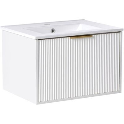 Beliani Meuble Sous-Vasque Avec Lavabo 60 Cm Rangement Salle De Bain Poignée Dorée Blanc - Publicité Beliani Meuble Sous-Vasque Avec Lavabo 60 Cm Rangement Salle De Bain Poignée Dorée Blanc - Publicité