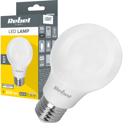 Ampoule Led 8,5 W E27 A60 806 Lm 3000 K Rebel - Publicité Ampoule Led 8,5 W E27 A60 806 Lm 3000 K Rebel - Publicité