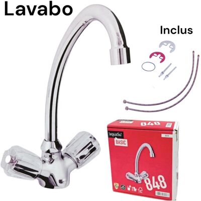 Robinet De Lavabo Double Commande Chromé Bec Haut Courbé Eau Chaude Et Froide - Publicité Robinet De Lavabo Double Commande Chromé Bec Haut Courbé Eau Chaude Et Froide - Publicité