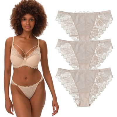Ensemble De 3 Culottes Élégantes, En Dentelle Beige Avec Résille, Esotiq Oath Xl - Publicité Ensemble De 3 Culottes Élégantes, En Dentelle Beige Avec Résille, Esotiq Oath Xl - Publicité