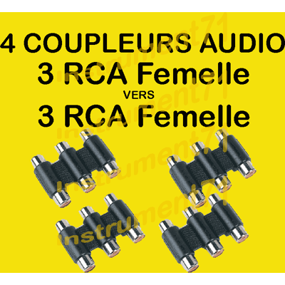 4 Adaptateurs Coupleur 3 X Rca Femelle Vers 3 X Rca Femelle Capot Plastique - Publicité 4 Adaptateurs Coupleur 3 X Rca Femelle Vers 3 X Rca Femelle Capot Plastique - Publicité