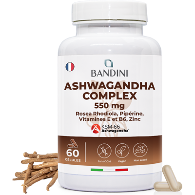 Bandini® Ashwagandha Complex 60 Gélules Ksm-66® Fort Avec Rhodiola & Zinc - Publicité Bandini® Ashwagandha Complex 60 Gélules Ksm-66® Fort Avec Rhodiola & Zinc - Publicité