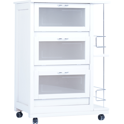 Chariot de cuisine en bois de hêtre blanc avec portes en verre et porte-bouteilles - Publicité Chariot de cuisine en bois de hêtre blanc avec portes en verre et porte-bouteilles - Publicité