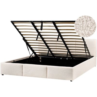 Beliani Lit Double Avec Coffre Sous Le Sommier 180 X 200 Cm En Tissu Bouclé Blanc Cassé - Publicité Beliani Lit Double Avec Coffre Sous Le Sommier 180 X 200 Cm En Tissu Bouclé Blanc Cassé - Publicité