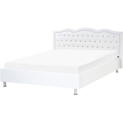 Beliani Sommier Et Cadre De Lit Double 160 X 200 Cm En Cuir Pu Blanc Tête De Lit Cloutée - Publicité Beliani Sommier Et Cadre De Lit Double 160 X 200 Cm En Cuir Pu Blanc Tête De Lit Cloutée - Publicité