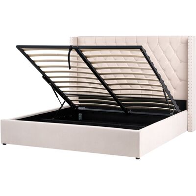 Beliani Lit Avec Rangement 180 X 200 Cm En Velours Blanc Cassé Tête De Lit Capitonnée - Publicité Beliani Lit Avec Rangement 180 X 200 Cm En Velours Blanc Cassé Tête De Lit Capitonnée - Publicité