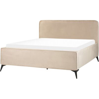Lit Beliani VALOGNES - Velours Taupe, Taille King, Tête de lit avec ailes - Publicité Lit Beliani VALOGNES - Velours Taupe, Taille King, Tête de lit avec ailes - Publicité