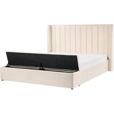 Beliani Lit À Eau Double Avec Tête Rayée Haute Et Banc De Rangement Rembourré 180 X 200 - Publicité Beliani Lit À Eau Double Avec Tête Rayée Haute Et Banc De Rangement Rembourré 180 X 200 - Publicité